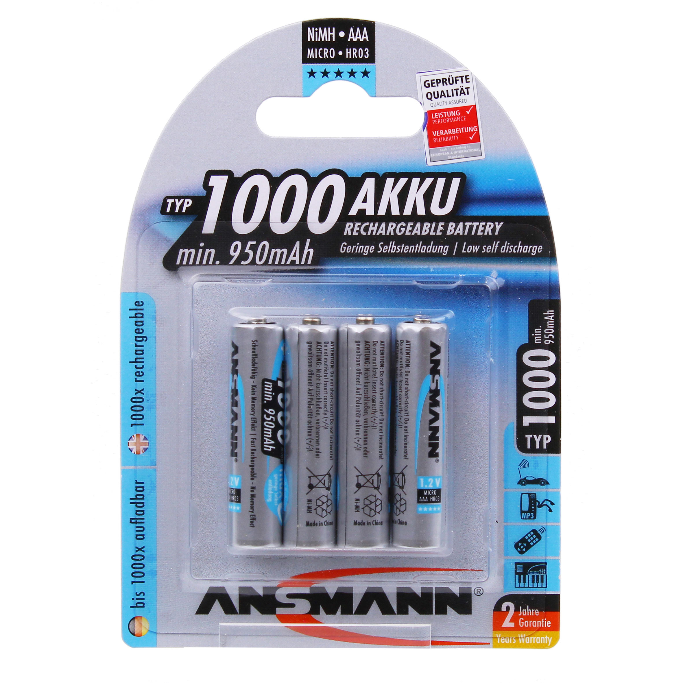 Image of Ansmann 4 x AAA NiMh 1000mah Batteries