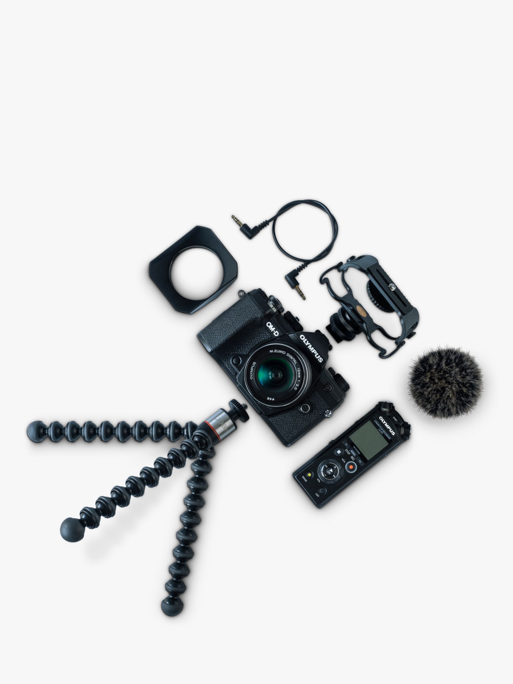 Image of Olympus OMD EM5 Mark III Compact System Camera with 12mm Lens 4K Ultra HD 204MP WiFi Bluetooth EVF 3 Variangle Touch Screen Black Vlogger Kit with Audio Recorder and Joby Gorillapod