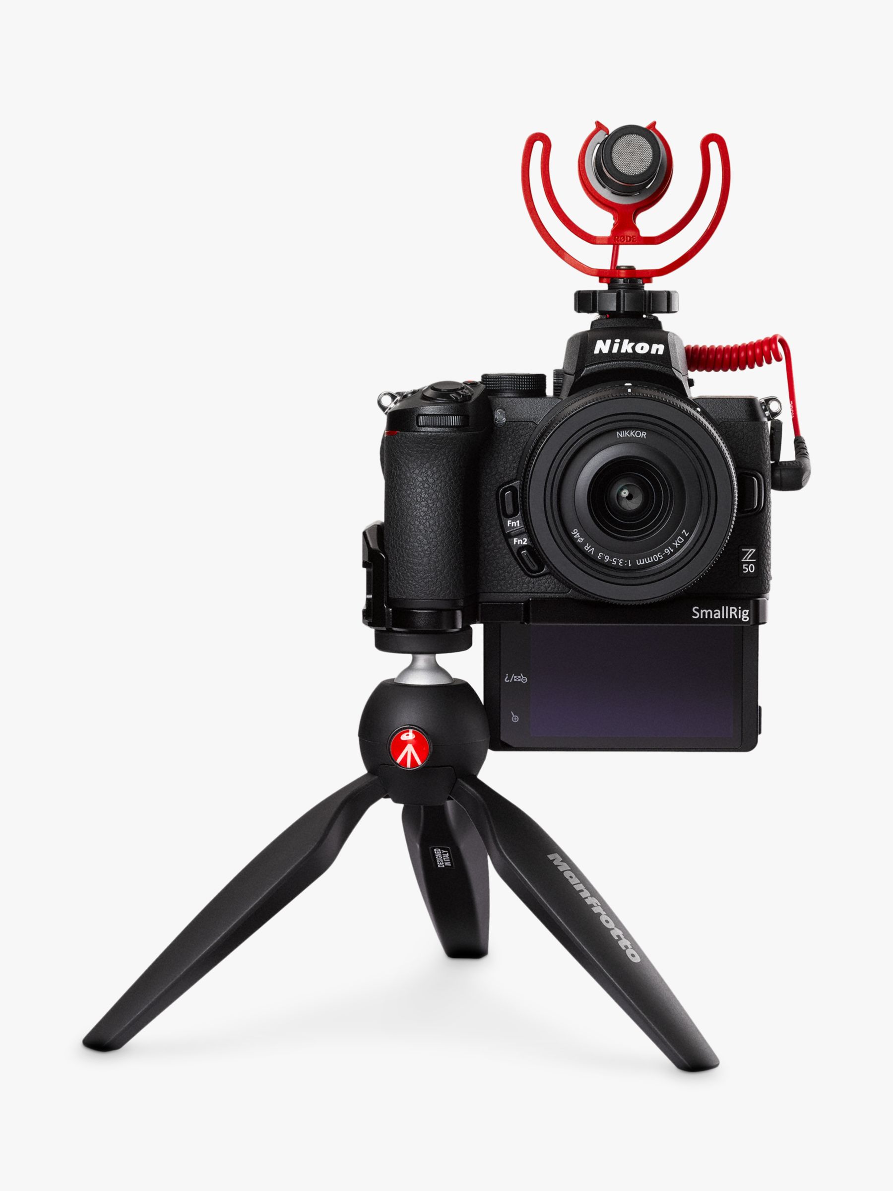 Image of Nikon Z50 Compact System Camera with 1650mm VR Lens 4K UHD 209MP WiFi Bluetooth OLED EVF and 32 Tiltable Touch Screen Vlogger Kit with Rode Microphone Manfrotto Mini Tripod and SmallRig Mounting Plate